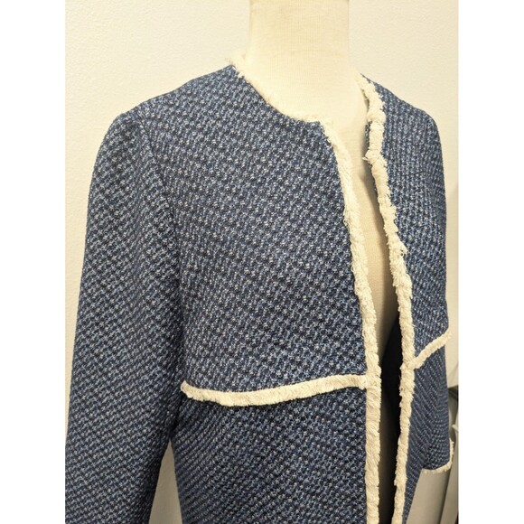 J. McLaughlin Blue White Fringe Trim Tweed Blazer Jacket sz M Officewear Chic - Picture 4 of 12